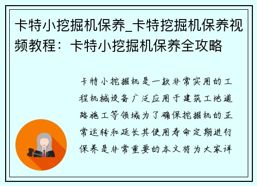 卡特小挖掘机保养_卡特挖掘机保养视频教程：卡特小挖掘机保养全攻略